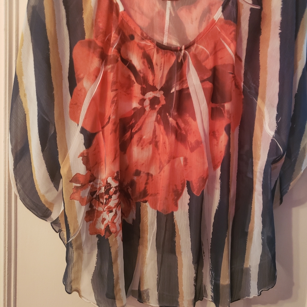 Statement blouse sheer material. Large red flower.